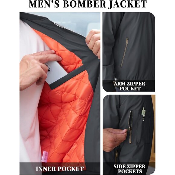 Tacvasen Mens Grey Bomber Winter Warm Padded Work Coat Casual Windproof Jacket - Picture 4 of 6